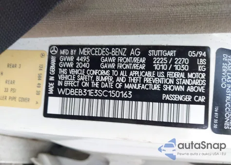 1995 Mercedes-Benz E 300D/300D Special из США, поврежденный, VIN WDBEB31E3SC150163